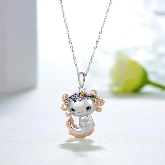 Cute Axolotl Sterling Silver Necklace with Colored Zircons, 20 chain, charming